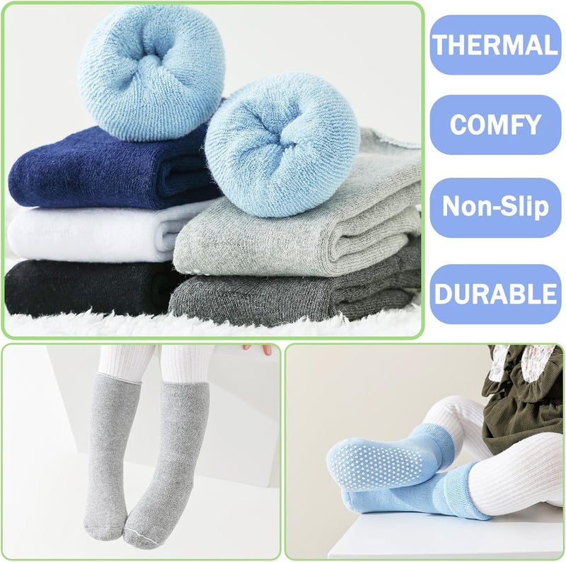 hakugoo 6 Pairs Toddler Non Slip Socks with Grippers Winter Thick Warm Cozy Crew Socks for Baby Kids - Image 4